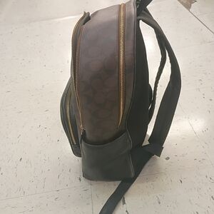 Coach Men's Brown Signature Canvas Backpack with Black Leather Trim